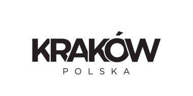 Polonya 'daki Krakow amblemi basılı ve internetli. Tasarım, modern yazı tipinde cesur tipografiye sahip geometrik stil, vektör illüstrasyonuna sahiptir. Beyaz arkaplanda izole edilmiş grafiksel slogan harfleri.