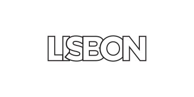 Lizbon, Portekiz ambleminde basılı ve internetli. Tasarım, modern yazı tipinde cesur tipografiye sahip geometrik stil, vektör illüstrasyonuna sahiptir. Beyaz arkaplanda izole edilmiş grafiksel slogan harfleri.