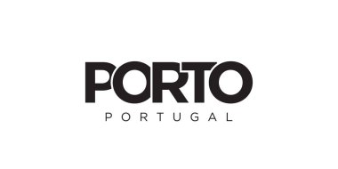 Portekiz ambleminde baskı ve ağ için Porto. Tasarım, modern yazı tipinde cesur tipografiye sahip geometrik stil, vektör illüstrasyonuna sahiptir. Beyaz arkaplanda izole edilmiş grafiksel slogan harfleri.