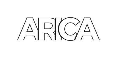 Arica, Şili ambleminde baskı ve ağ için. Tasarım, modern yazı tipinde cesur tipografiye sahip geometrik stil, vektör illüstrasyonuna sahiptir. Beyaz arkaplanda izole edilmiş grafiksel slogan harfleri.
