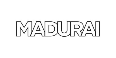 Hindistan amblemindeki Madurai 'de baskı ve ağ için. Tasarım, modern yazı tipinde cesur tipografiye sahip geometrik stil, vektör illüstrasyonuna sahiptir. Beyaz arkaplanda izole edilmiş grafiksel slogan harfleri.