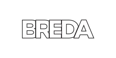 Hollanda 'da Breda, basım ve ağ için amblem. Tasarım, modern yazı tipinde cesur tipografiye sahip geometrik stil, vektör illüstrasyonuna sahiptir. Beyaz arkaplanda izole edilmiş grafiksel slogan harfleri.