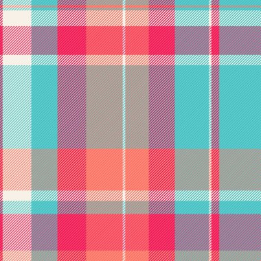 Kontrol şablonu kumaşının arka plan ekoseli dokusu. Tekstil tartan vektörü, cyan ve kırmızı renklerde pürüzsüz..