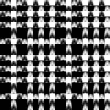 Desenli tartan arkaplanının kusursuz tekstil ekoseli kumaş vektör kontrolü siyah ve beyaz renklerde.