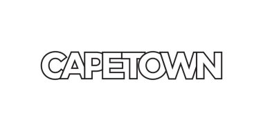 Cape Town Güney Afrika ambleminde baskı ve ağ için. Tasarım, modern yazı tipinde cesur tipografiye sahip geometrik stil, vektör illüstrasyonuna sahiptir. Beyaz arkaplanda izole edilmiş grafiksel slogan harfleri.