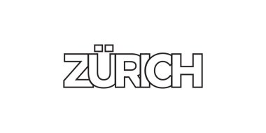 Zürih İsviçre ambleminde baskı ve internet için. Tasarım, modern yazı tipinde cesur tipografiye sahip geometrik stil, vektör illüstrasyonuna sahiptir. Beyaz arkaplanda izole edilmiş grafiksel slogan harfleri.