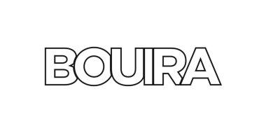 Bouira Cezayir ambleminde baskı ve ağ için. Tasarım, modern yazı tipinde cesur tipografiye sahip geometrik stil, vektör illüstrasyonuna sahiptir. Beyaz arkaplanda izole edilmiş grafiksel slogan harfleri.