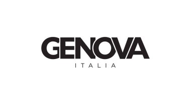 İtalya ambleminde baskı ve ağ için Cenova. Tasarım, modern yazı tipinde cesur tipografiye sahip geometrik stil, vektör illüstrasyonuna sahiptir. Beyaz arkaplanda izole edilmiş grafiksel slogan harfleri.