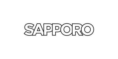 Japonya ambleminde baskı ve ağ için Sapporo. Tasarım, modern yazı tipinde cesur tipografiye sahip geometrik stil, vektör illüstrasyonuna sahiptir. Beyaz arkaplanda izole edilmiş grafiksel slogan harfleri.