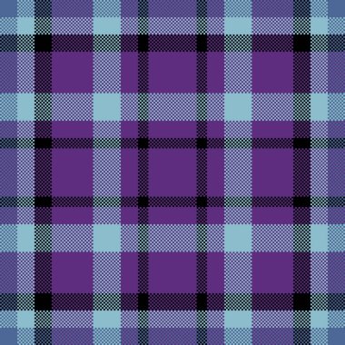 Atölye kusursuz arka plan tekstili, multi tartan vektör ekoseli. Amerikan dokusu kumaş desen kontrolü menekşe ve cyan renkleriyle.