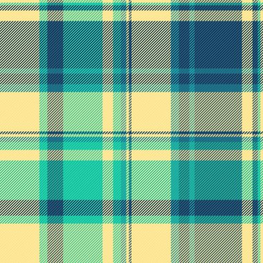 Kalıplı tartan ekosenin tekstil arka plan vektörü. Sarı ve cyan renklerinde kusursuz kumaş kontrol deseni var..