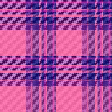 Kumaş tekstil kontrolünün ekose arka plan vektörü. Pembe ve çivit renklerinde desensiz tartan desenli..