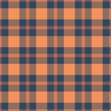 Turuncu ve cyan renklerinde tekstil tartan arkaplan kontrollü kusursuz desenli kumaş ekose desen vektörü.