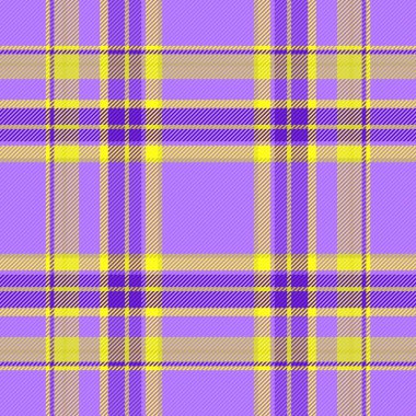 Arka plan kumaşının desen vektör deseni. Ekose dikişsiz, mor ve sarı renklerde tartan denetimi..
