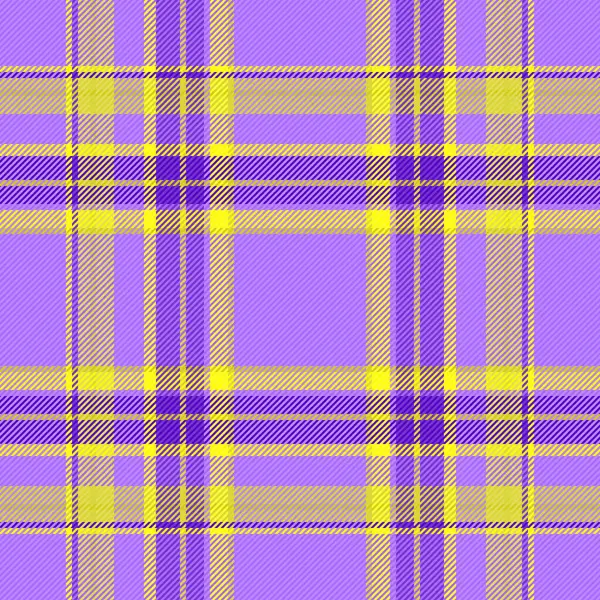 Arka plan kumaşının desen vektör deseni. Ekose dikişsiz, mor ve sarı renklerde tartan denetimi..