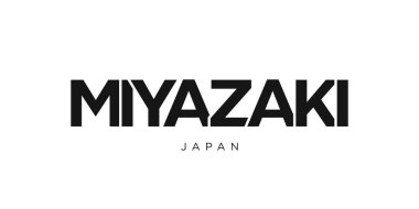 Japonya amblemindeki Miyazaki 'de baskı ve ağ anlamına geliyor. Tasarım, modern yazı tipinde cesur tipografiye sahip geometrik stil, vektör illüstrasyonuna sahiptir. Beyaz arkaplanda izole edilmiş grafiksel slogan harfleri.