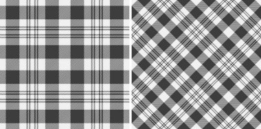 Kumaş tartan dokusunun vektör arkaplanını ekose desenli kumaşla kontrol et. Eşsiz doğum günü kartı tasarımları için monokrom renklerini ayarla.