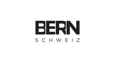 İsviçre ambleminde parmak izi ve ağ için Bern. Tasarım, modern yazı tipinde cesur tipografiye sahip geometrik stil, vektör illüstrasyonuna sahiptir. Beyaz arkaplanda izole edilmiş grafiksel slogan harfleri.