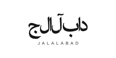 Afganistan ambleminde basım ve ağ için Celalabad. Tasarım, modern yazı tipinde cesur tipografiye sahip geometrik stil, vektör illüstrasyonuna sahiptir. Beyaz arkaplanda izole edilmiş grafiksel slogan harfleri.