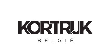 Belçika ambleminde Kortrijk 'in parmak izi ve ağı. Tasarım, modern yazı tipinde cesur tipografiye sahip geometrik stil, vektör illüstrasyonuna sahiptir. Beyaz arkaplanda izole edilmiş grafiksel slogan harfleri.