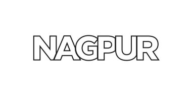 Hindistan 'daki Nagpur amblemi baskı ve ağ için. Tasarım, modern yazı tipinde cesur tipografiye sahip geometrik stil, vektör illüstrasyonuna sahiptir. Beyaz arkaplanda izole edilmiş grafiksel slogan harfleri.