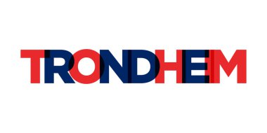 Norveç ambleminde baskı ve ağ için Trondheim. Tasarım, modern yazı tipinde cesur tipografiye sahip geometrik stil, vektör illüstrasyonuna sahiptir. Beyaz arkaplanda izole edilmiş grafiksel slogan harfleri.