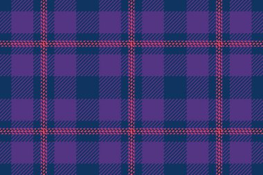 Mor ve mavi renklerde kumaş ekose tartan vektörü ile kontrol motifinin tekstil dikişsiz dokusu.