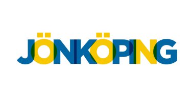 İsveç ambleminde parmak izi ve ağ için Jonkoping. Tasarım, modern yazı tipinde cesur tipografiye sahip geometrik stil, vektör illüstrasyonuna sahiptir. Beyaz arkaplanda izole edilmiş grafiksel slogan harfleri.