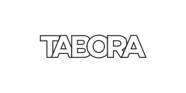 Tanzanya ambleminde baskı ve ağ için Tabora. Tasarım, modern yazı tipinde cesur tipografiye sahip geometrik stil, vektör illüstrasyonuna sahiptir. Beyaz arkaplanda izole edilmiş grafiksel slogan harfleri.
