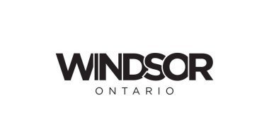 Kanada amblemindeki Windsor 'da baskı ve internet için kullanılan amblem. Tasarım, modern yazı tipinde cesur tipografiye sahip geometrik stil, vektör illüstrasyonuna sahiptir. Beyaz arkaplanda izole edilmiş grafiksel slogan harfleri.