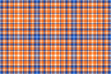 Hintli turuncu ve mavi renkli tekstil desenli kusursuz vektör dokusu olan ekose tartan kumaşı.