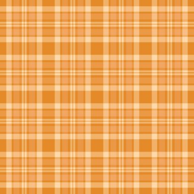 Kapalı alanda kumaş dokusunu, ağ arka planında ekose kumaşı kontrol et. İspanyol desenli turuncu ve kumlu kahverengi renklerde kusursuz tekstil taşıyıcısı.