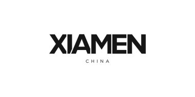 Xiamen, Çin ambleminde baskı ve ağ anlamına geliyor. Tasarım, modern yazı tipinde cesur tipografiye sahip geometrik stil, vektör illüstrasyonuna sahiptir. Beyaz arkaplanda izole edilmiş grafiksel slogan harfleri.