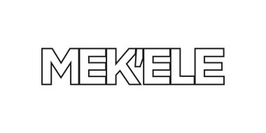 Etiyopya ambleminde baskı ve ağ için Mekele. Tasarım, modern yazı tipinde cesur tipografiye sahip geometrik stil, vektör illüstrasyonuna sahiptir. Beyaz arkaplanda izole edilmiş grafiksel slogan harfleri.