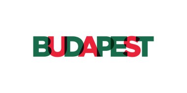 Macaristan ambleminde Budapeşte 'de basılı ve internetli. Tasarım, modern yazı tipinde cesur tipografiye sahip geometrik stil, vektör illüstrasyonuna sahiptir. Beyaz arkaplanda izole edilmiş grafiksel slogan harfleri.