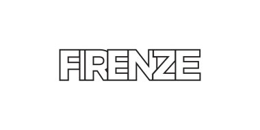 İtalya ambleminde basım ve ağ için Firenze. Tasarım, modern yazı tipinde cesur tipografiye sahip geometrik stil, vektör illüstrasyonuna sahiptir. Beyaz arkaplanda izole edilmiş grafiksel slogan harfleri.