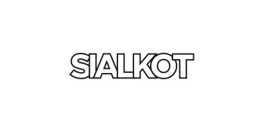 Pakistan ambleminde parmak izi ve internet için sialkot. Tasarım, modern yazı tipinde cesur tipografiye sahip geometrik stil, vektör illüstrasyonuna sahiptir. Beyaz arkaplanda izole edilmiş grafiksel slogan harfleri.