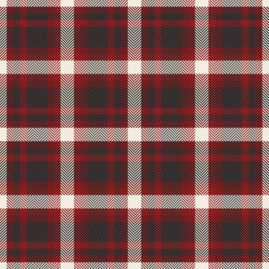Müşteri ekoseli kumaş kontrolü, telif hakkı desenli kusursuz vektör. Kırmızı ve beyaz renkli tartan kumaş arkaplanı çiziliyor.