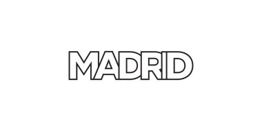 Madrid, İspanya ambleminde baskı ve ağ için kullanılır. Tasarım, modern yazı tipinde cesur tipografiye sahip geometrik stil, vektör illüstrasyonuna sahiptir. Beyaz arkaplanda izole edilmiş grafiksel slogan harfleri.