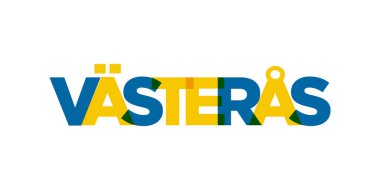 İsveç ambleminde baskı ve ağ için Vasteras. Tasarım, modern yazı tipinde cesur tipografiye sahip geometrik stil, vektör illüstrasyonuna sahiptir. Beyaz arkaplanda izole edilmiş grafiksel slogan harfleri.