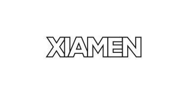 Xiamen, Çin ambleminde baskı ve ağ anlamına geliyor. Tasarım, modern yazı tipinde cesur tipografiye sahip geometrik stil, vektör illüstrasyonuna sahiptir. Beyaz arkaplanda izole edilmiş grafiksel slogan harfleri.