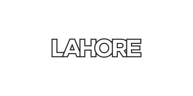 Pakistan amblemindeki Lahor 'da baskı ve ağ için kullanılır. Tasarım, modern yazı tipinde cesur tipografiye sahip geometrik stil, vektör illüstrasyonuna sahiptir. Beyaz arkaplanda izole edilmiş grafiksel slogan harfleri.