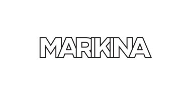Filipinler 'de Marikina' nın amblemi basılı ve internetli. Tasarım, modern yazı tipinde cesur tipografiye sahip geometrik stil, vektör illüstrasyonuna sahiptir. Beyaz arkaplanda izole edilmiş grafiksel slogan harfleri.