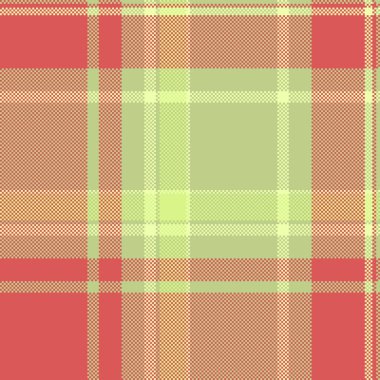 Ekoseli tartanı tekrar et, kusursuz arka plan vektörü. Kireç ve kırmızı renklerde zengin desenli tekstil kumaş dokusu.