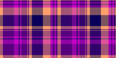 Satır desenli arka plan ekoseli, kusursuz kontrol vektörü yazdırılıyor. İlham verici tekstil kumaş dokusu mor ve turuncu renkli tartan..