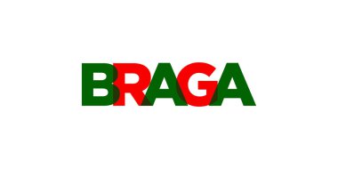 Portekiz ambleminde baskı ve ağ için Braga. Tasarım, modern yazı tipinde cesur tipografiye sahip geometrik stil, vektör illüstrasyonuna sahiptir. Beyaz arkaplanda izole edilmiş grafiksel slogan harfleri.