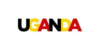 Baskı ve ağ için Uganda amblemi. Tasarım, modern yazı tipinde cesur tipografiye sahip geometrik stil, vektör illüstrasyonuna sahiptir. Beyaz arkaplanda izole edilmiş grafiksel slogan harfleri.