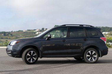 Gri arazi aracı, lüks model. Yolda parlak, durağan bir araç var..