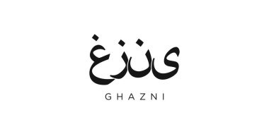 Afganistan ambleminde parmak izi ve ağ için Gazni. Tasarım, modern yazı tipinde cesur tipografiye sahip geometrik stil, vektör illüstrasyonuna sahiptir. Beyaz arkaplanda izole edilmiş grafiksel slogan harfleri.