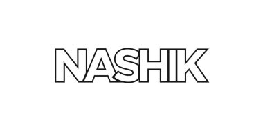 Nashik, Hindistan ambleminde basılı ve internetli. Tasarım, modern yazı tipinde cesur tipografiye sahip geometrik stil, vektör illüstrasyonuna sahiptir. Beyaz arkaplanda izole edilmiş grafiksel slogan harfleri.